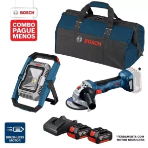 Combo Pague Menos Bosch, Lanterna Refletora + Esmerilhadeira 5_ + 2 Baterias 18v, Carregador Bivolt e Bolsa